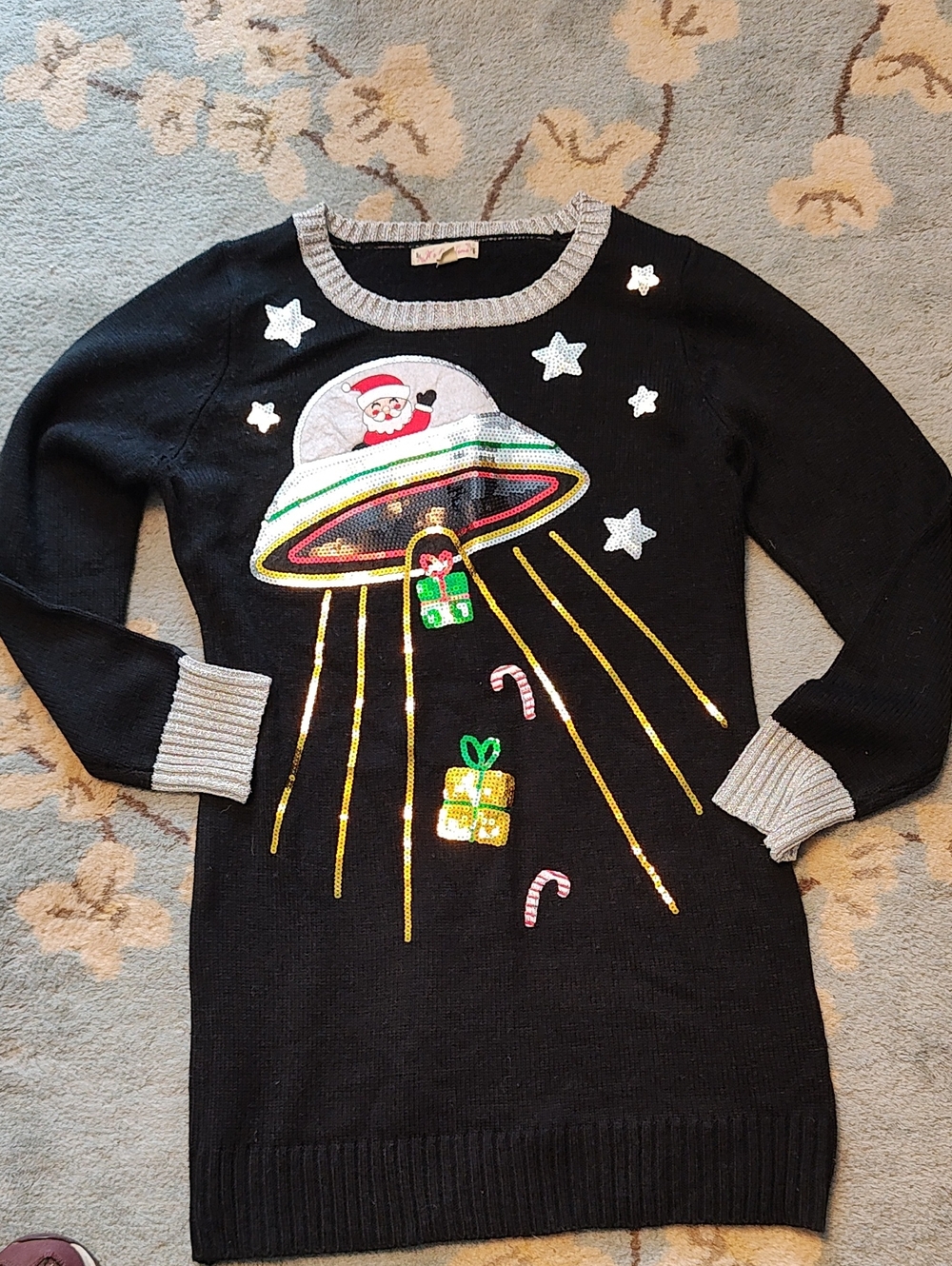 Women's Black Holiday Sweater Dress with Santa UFO Sequin Design